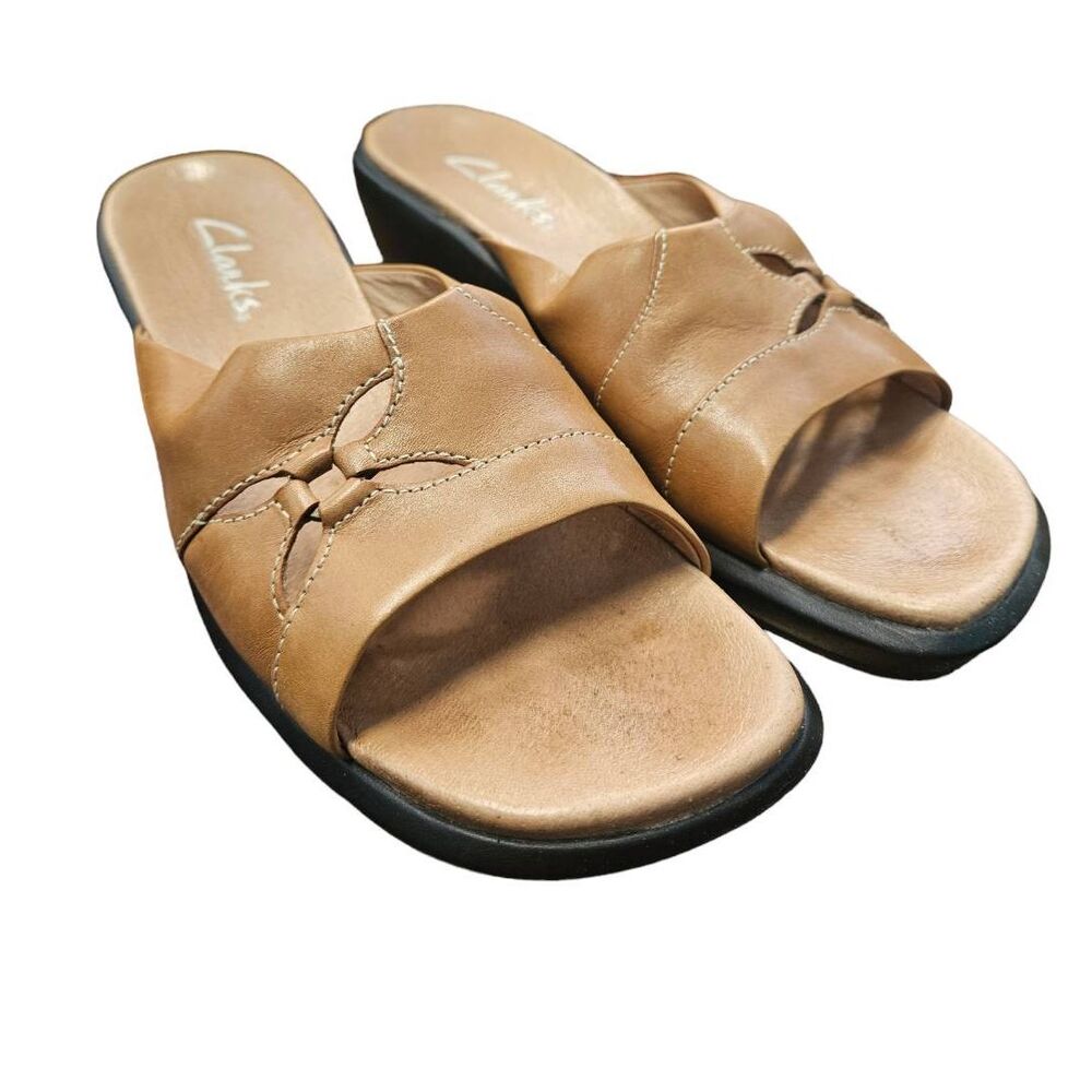 Clarks Tan Leather Slide Sandals
